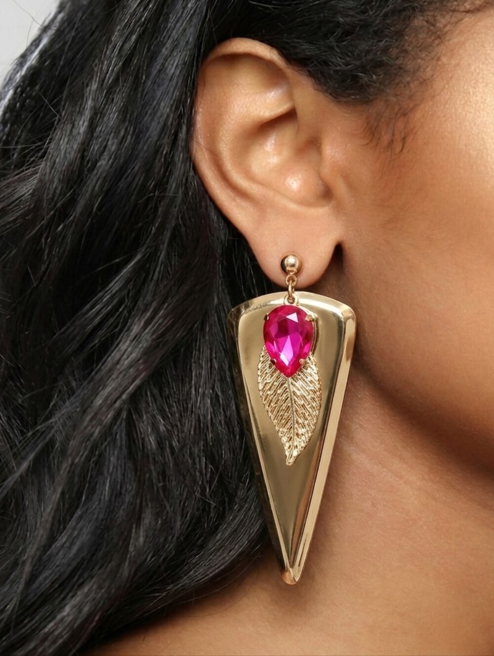 Gold-Tone Drop Earrings with Pink Accent and Filigree Leaf Charm